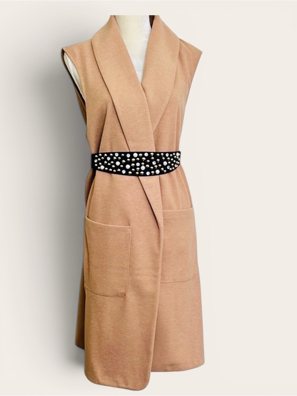 Joie Longline Sleeveless Open Front Vest Camel Tan 2X Waterfall Collar Plus size